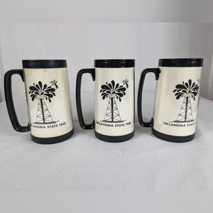 Thermo Serv Vintage Mug Cup Oklahoma State Tree Oil Rig Made in USA - Set of 3
